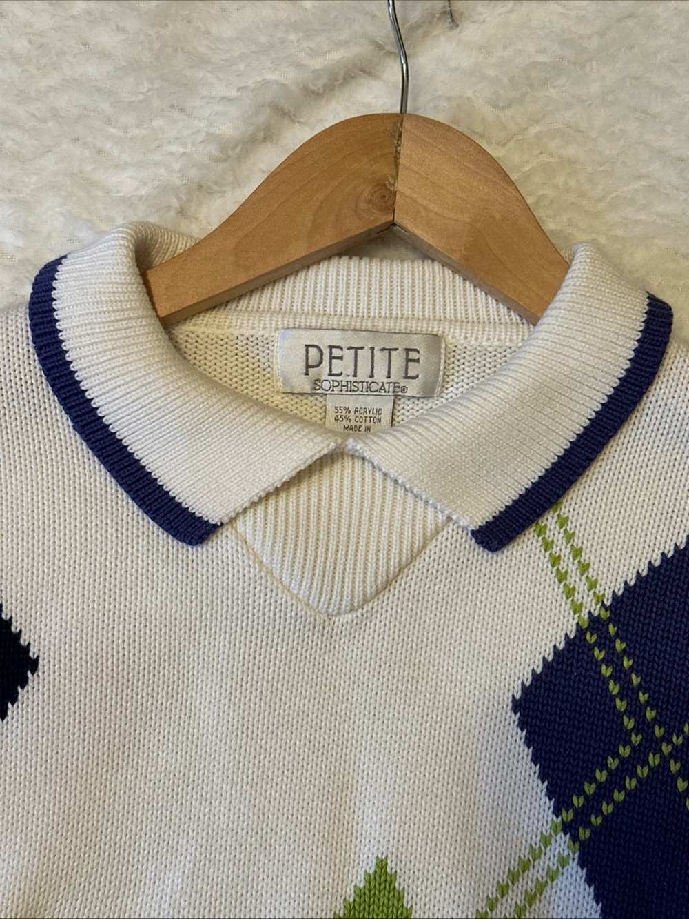Petite Sophisticate White Argyle Polo Sweater with Pink, Navy & Lime Accents - Picture 7 of 7